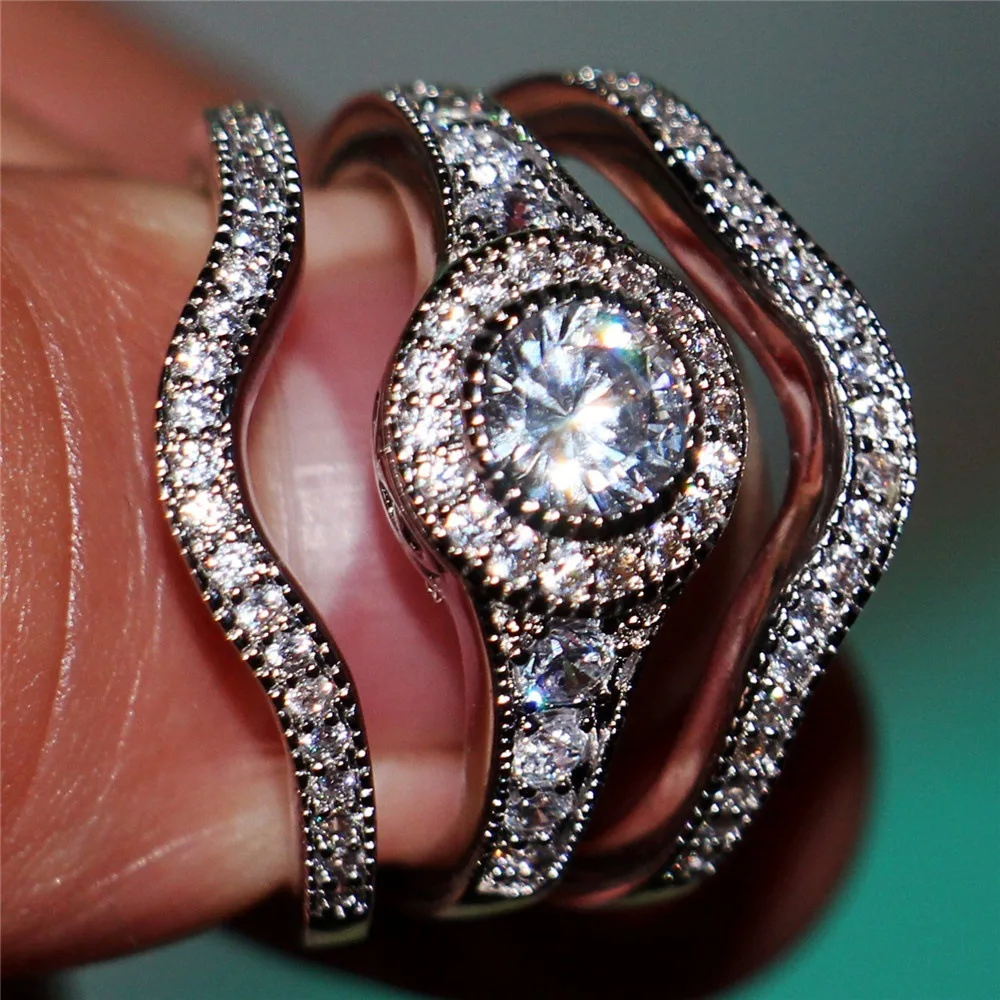 KNOCK 3pcs/Set Luxury Female White Round AAA Zircon Ring Set Fashion Silver Promise Engagement Rings For Women Jewelry
