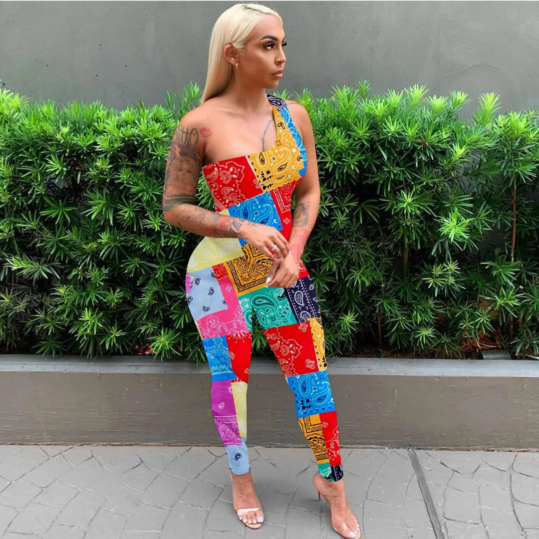 

European and American sexy women's clothing digital printing sleeveless one-shoulder sports jumpsuit dress pants for women