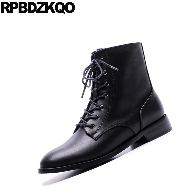 Женские ботильоны на меху черные повседневные ботинки с круглым носком шнуровке