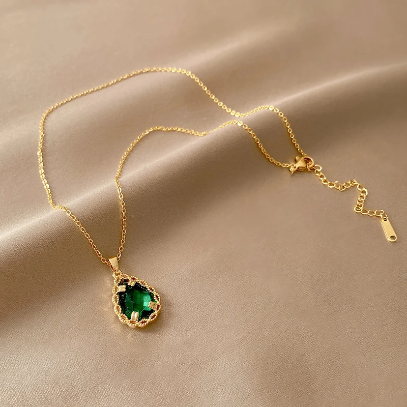 Женское ювелирное колье 2021 года "Южнокорейский стиль: элегантный изумрудный цирконий, капля воды, подвеска из титановой стали для подарка на банкете и вечеринке".