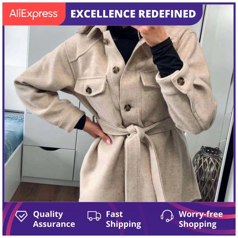 

Женское шерстяное пальто с отложным воротником, свободное элегантное винтажное пальто с поясом и карманами, осень 2021