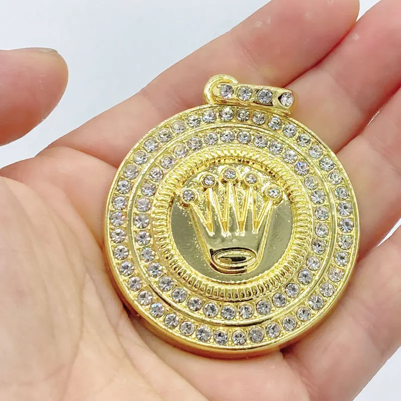 

New Iced Out Crystal Crown Round Pendant Hip Hop Gold Plated Necklaces With Chain Jewelry For Men Women