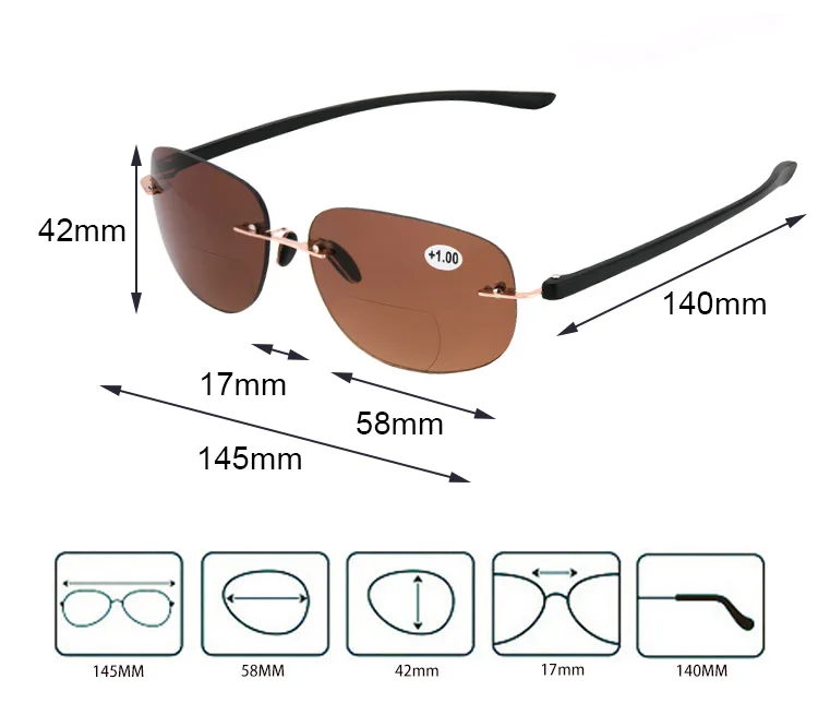 Zerosun, бифокальные очки для чтения, мужские очки без оправы, для чтения диоптрий, мужские, серые, коричневые, не отражающие, UV400, для рыбалки, езды