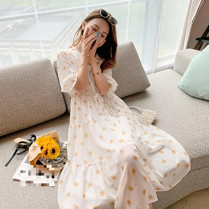 

Large Women Summer Chiffon Daisy Dress Medium Length Print V-neck Women Vestidos Elegantes Casual Women's Clothing Lacing