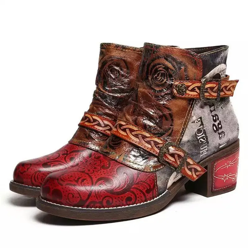 

Autumn Winter New Womens Martin Ankle Boots PU Snake Print Color Mid-Heel Buckle Round Toe Classic Casual Ladies Leather Shoes