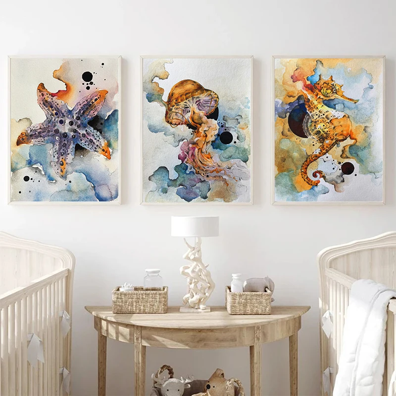 Картина водорослей, дельфина, осьминога "Монстр морского животного" акварельный рисунок абстрактного канваса плакаты печати для гостиной, спальни, коридора декор.