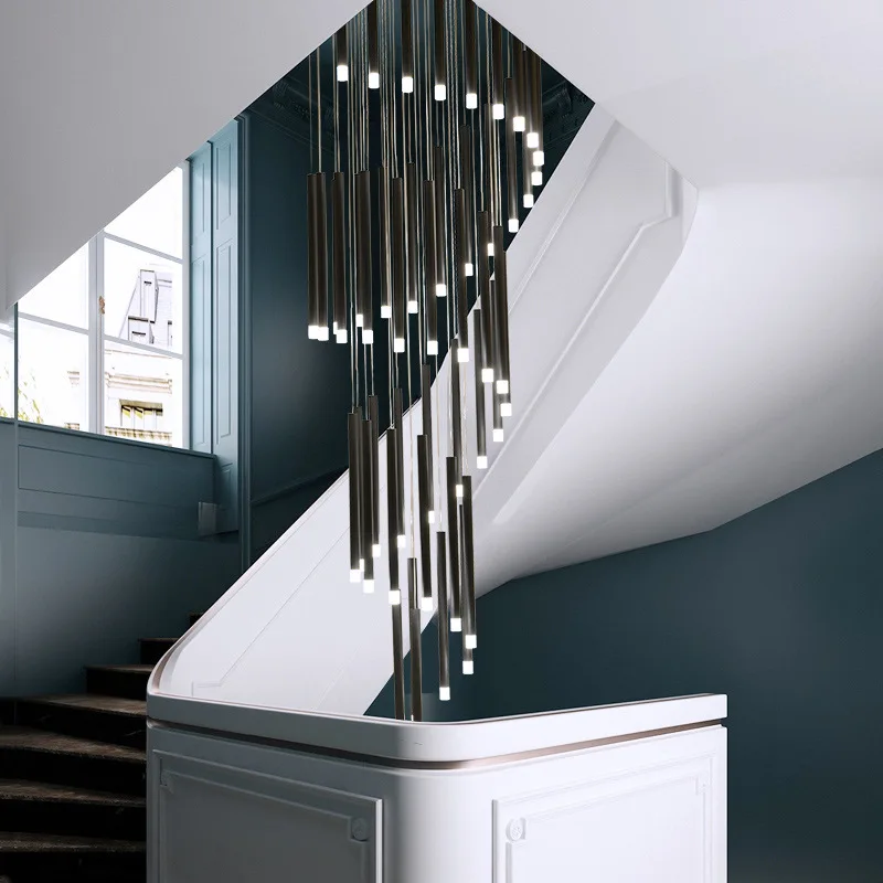 安い 現代のledペンダントライトリビングルームミニマリスト二重階ホールペンダントランプ北欧ヴィラスパイラル階段ランプハンギング