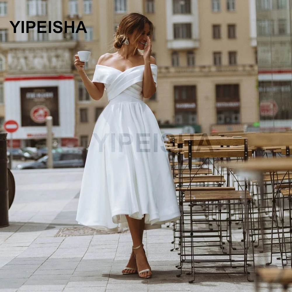 

Simple Tea-Length Party Dress V-Neck White Ivory Satin A-Line Short Prom Gowns Beach Back Lacing vestidos de novia