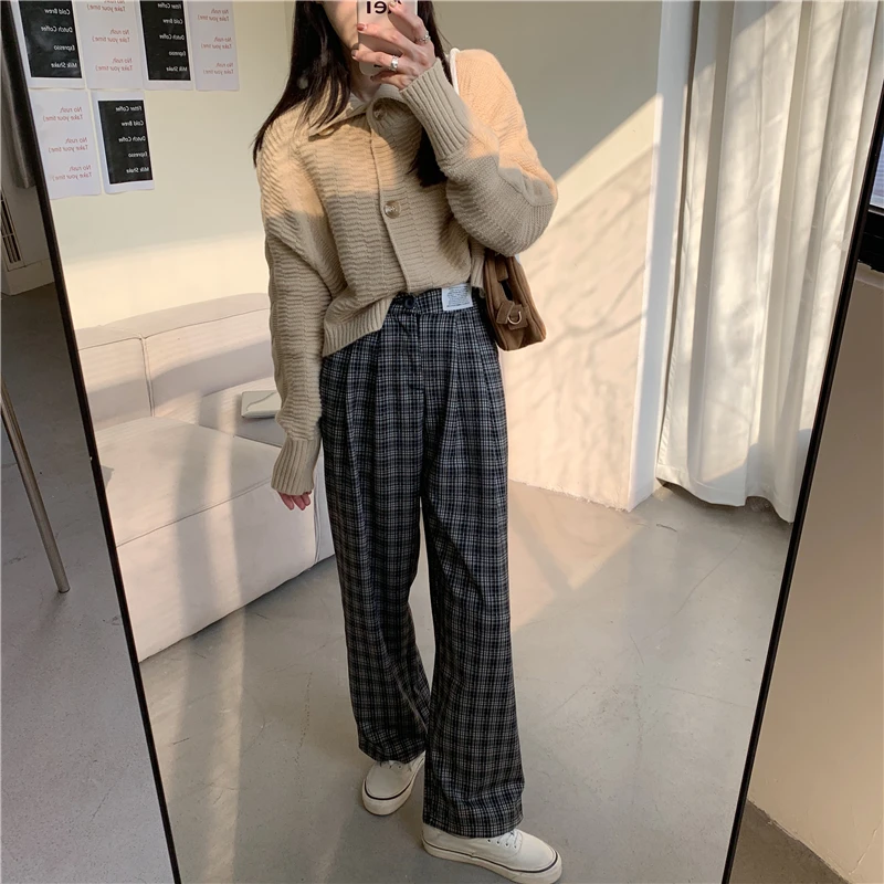 

ZHISILAO Wide Leg Straight Pants Women Plaid High Waist Trousers Mujer Plus Size Vintage Lattice Casual Pants Autumn 2020