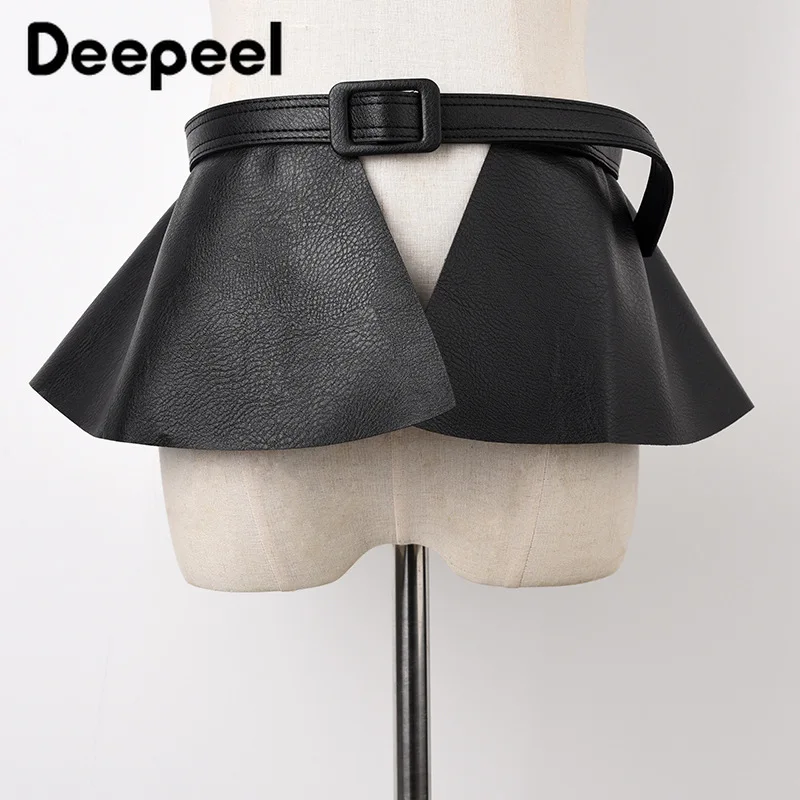 

Deepeel 1pc 17*80-100cm Ruffled Super Wide Skirt Cummerbunds Fashion Corset Decorative Short Leather Luxury Woman Belts