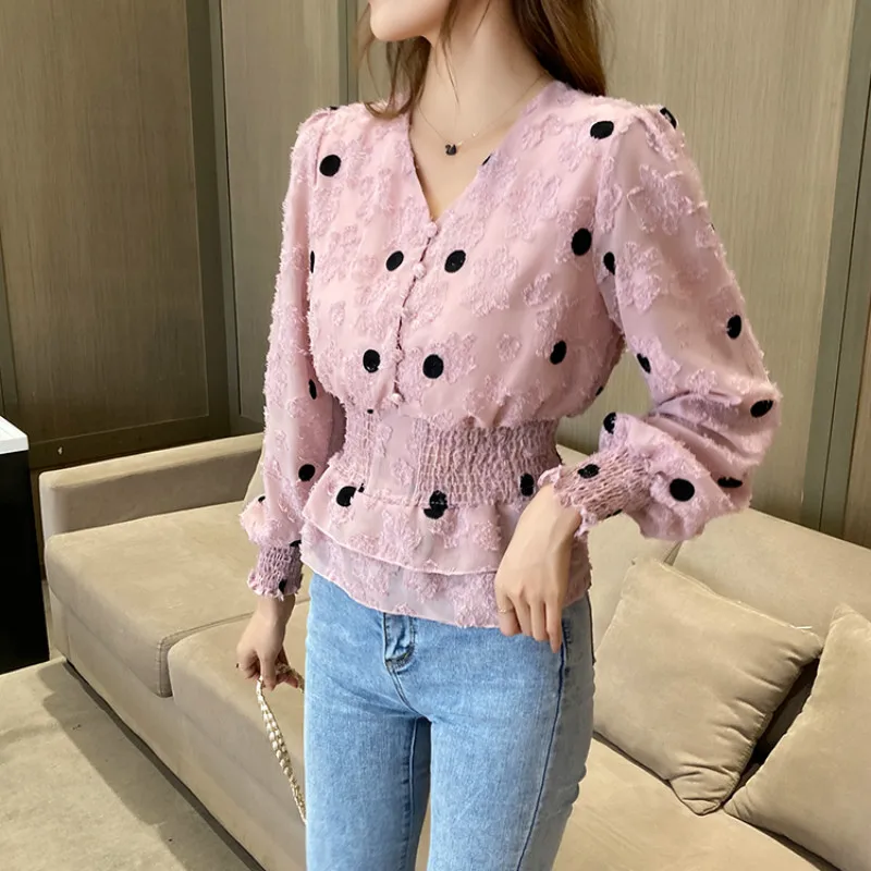 

Polka Dot Blouse Women Ruffle Pink Tops 2021 Spring Summer New V-Neck Long Sleeve Cut Chiffon Flower Shirt Elastic Waist Shirts