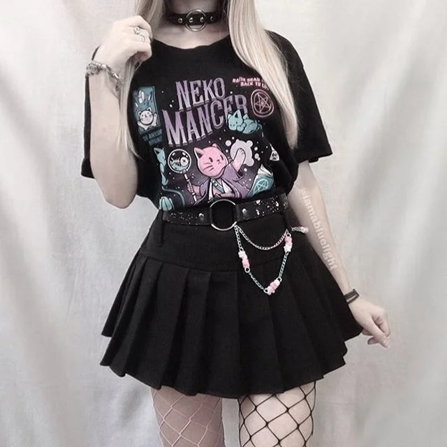 Fashionshow-JF 1pcs Neko Mancer T-Shirt Unisex Cute Aesthetic Grunge Black Tee Satantic Gothic Clothing Witch Shirt | Женская одежда