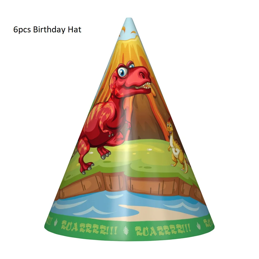6pcs Birthday Hat Dinosaur Party Tableware Paper Plate Cup Napkins Tablecloth Banner Happy Birthday Event Party Supplies for Boys - Цвет: 6pcs Birthday Hat