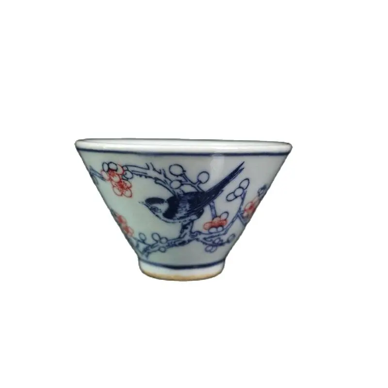 

China Old Porcelain A Pair Of Blue And White Underglaze Red Flower And Bird Pattern Tea Cups