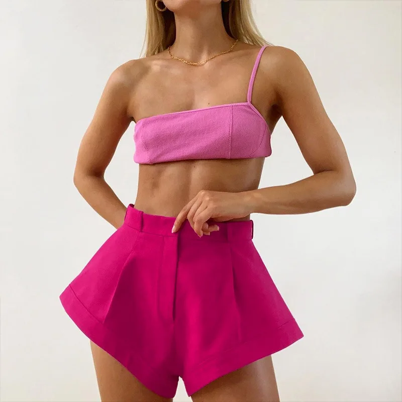 

Women Summer High Waist Red Shorts Elegant Loose Solid Female Office Lady Casual Streetwear Hot Solid Color Wide Leg Shorts