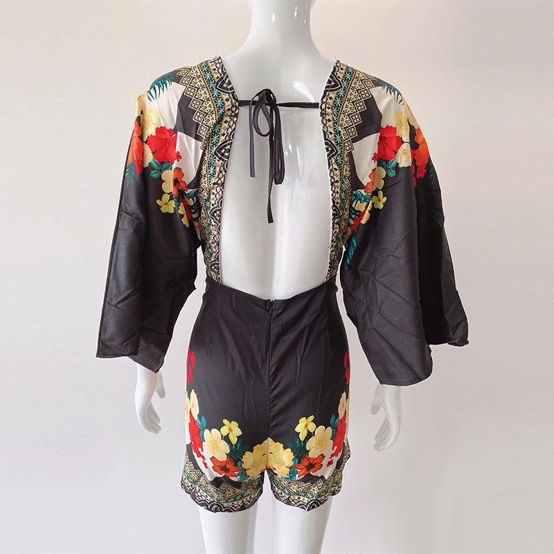 

Floral Printed Women Deep V Bell Sleeve Backless Lace Up Elegant Sexy Fashion One Piece Playsuit Sexy Romper