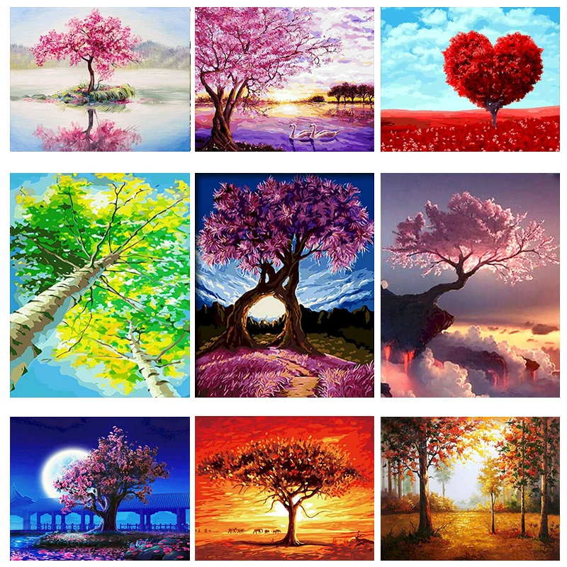 

DIY Painting By Numbers Landscape Nature Tree Picture Oil Painting Home Decor 40x50cm DIY Frame HandPainted Canvas Drawing Gift