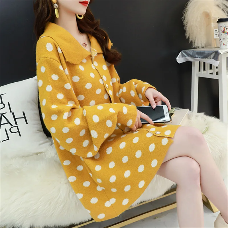 Sweater Coat Female 2020 New Korean Version Wild Spring Autumn Polo Collar Dot Medium Long Knit Cardiga Women SW1442 |