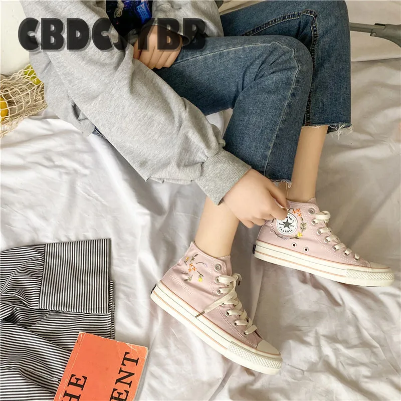 Женские высокие парусиновые туфли с вышивкой повседневные кроссовки на плоской