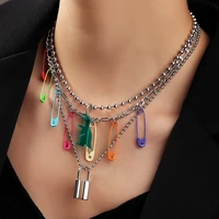 2021 new european jewelry personality muliti layer harajuku necklaces women colorful pin clavicle chain fashion lock necklace