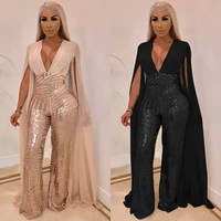 night party bodycon women hot drilling sequined gold cloak long sleeve open back luxurious v neck jumpsuits sexy club rompers