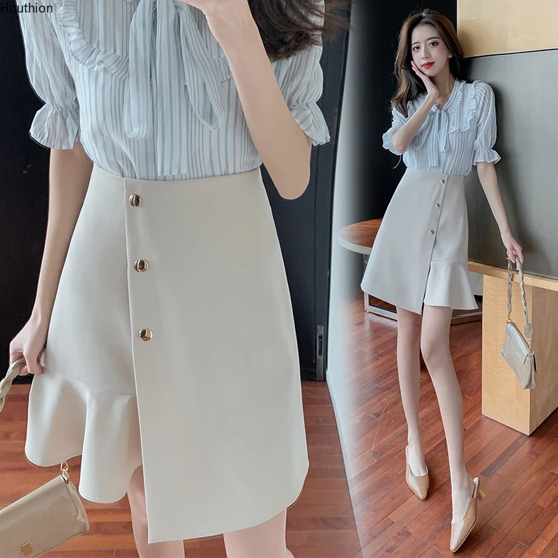 

Houthion Women's Skirts New Slim Casual Fashion High Waist Metal Sheets Zipper Ruffle Solid Color Skirt Summer