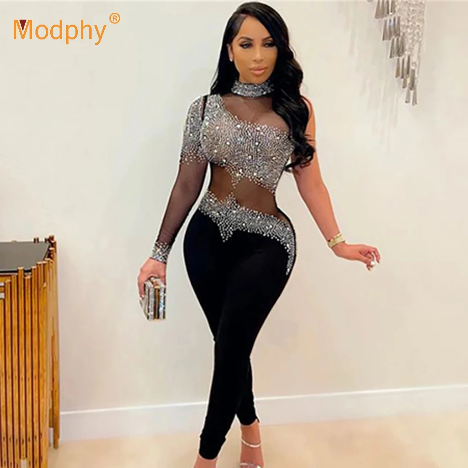 Women Spring Sexy Single Sleeve Mesh Crystal Diamonds Black Bodycon Bandage Jumpsuit 2022 Celebrity Designer Bodycon Rompers