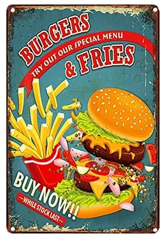 

Metal Sign Hamburger and French Fries Decoration bar Restaurant Garage Fast Food Restaurant Sign Wall Retro Tin Sign