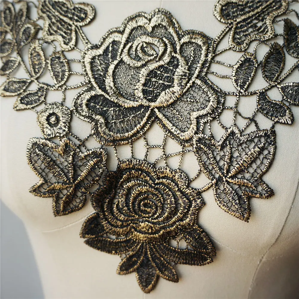 Бронзовая вышитая аппликация для платья кружевная ткань отделка воротника