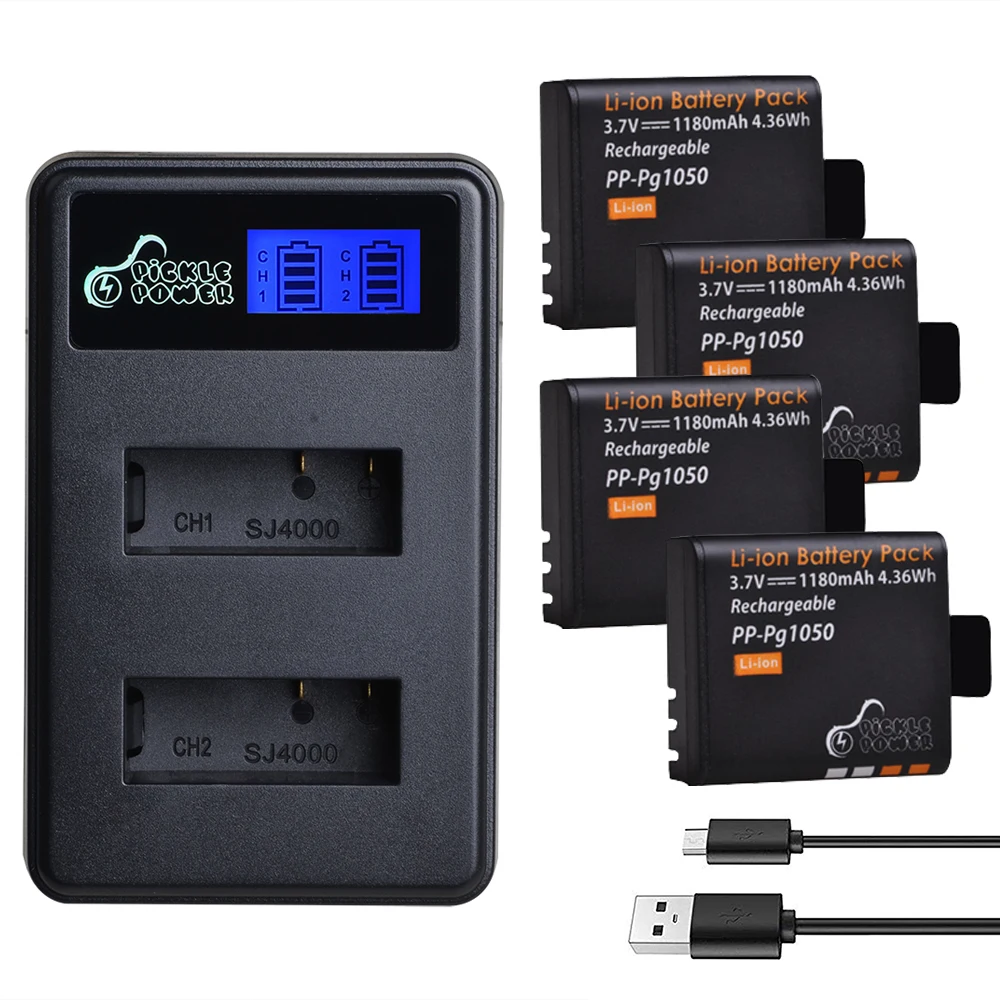 4 шт. аккумулятор PG1050 1180 мАч и зарядное устройство USB с ЖК дисплеем для SJCAM SJ4000 M10