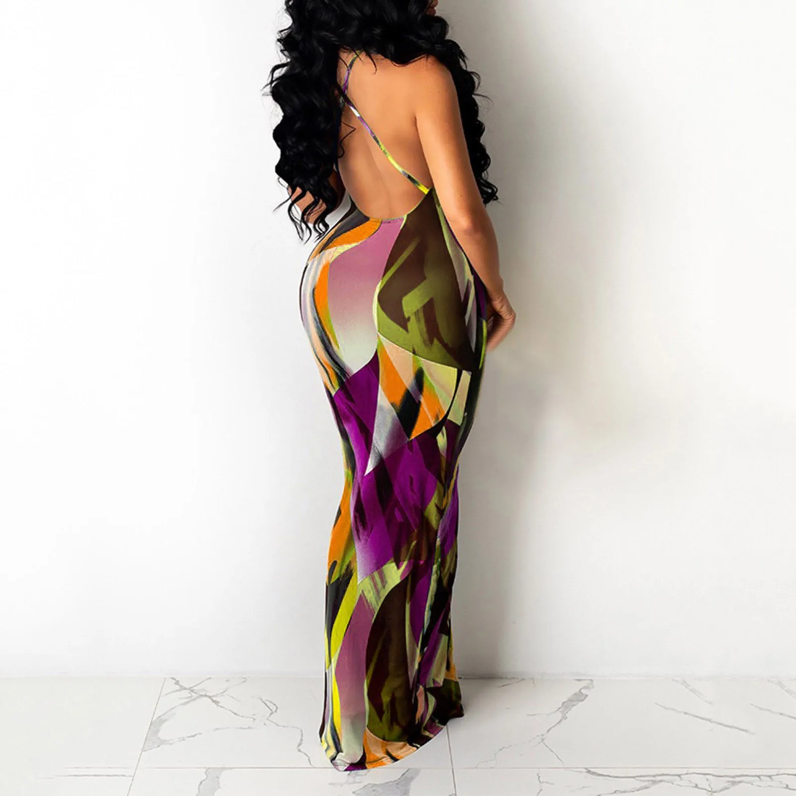 

New Bodycin Dress Women's Summer Casual Print Flower Temperament Summer Camisole V-neck Long Dress Woman High Waist Dress#35