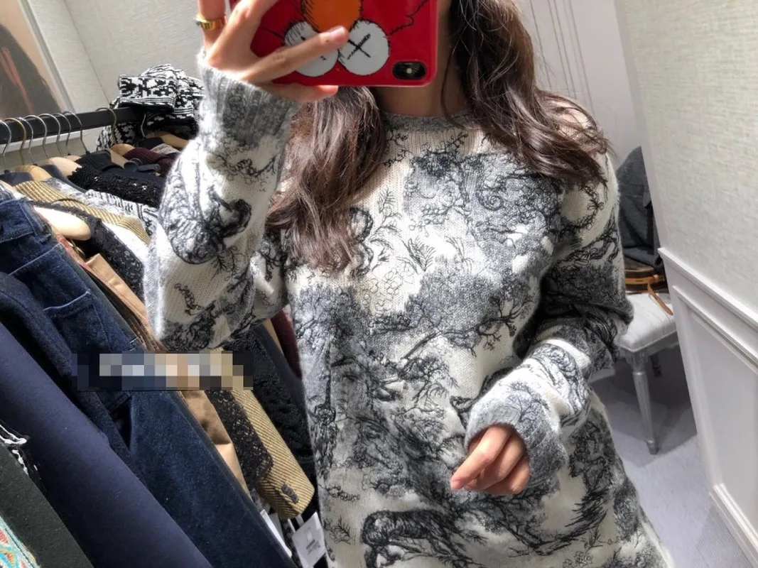Women Loose Long Sweater Runway 2019 Fall Winter Tiger Animal Print Full O-neck Knit Pullover P-098 | Женская одежда