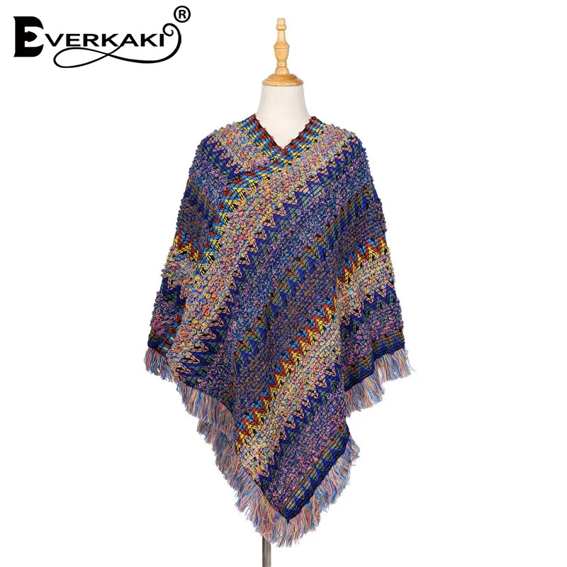 Everkaki кисточки Boho вязаный свитер шаль для женщин Обертывания толстый теплый богемный свитер шаль обертывания женский осень зима - Цвет: Blue