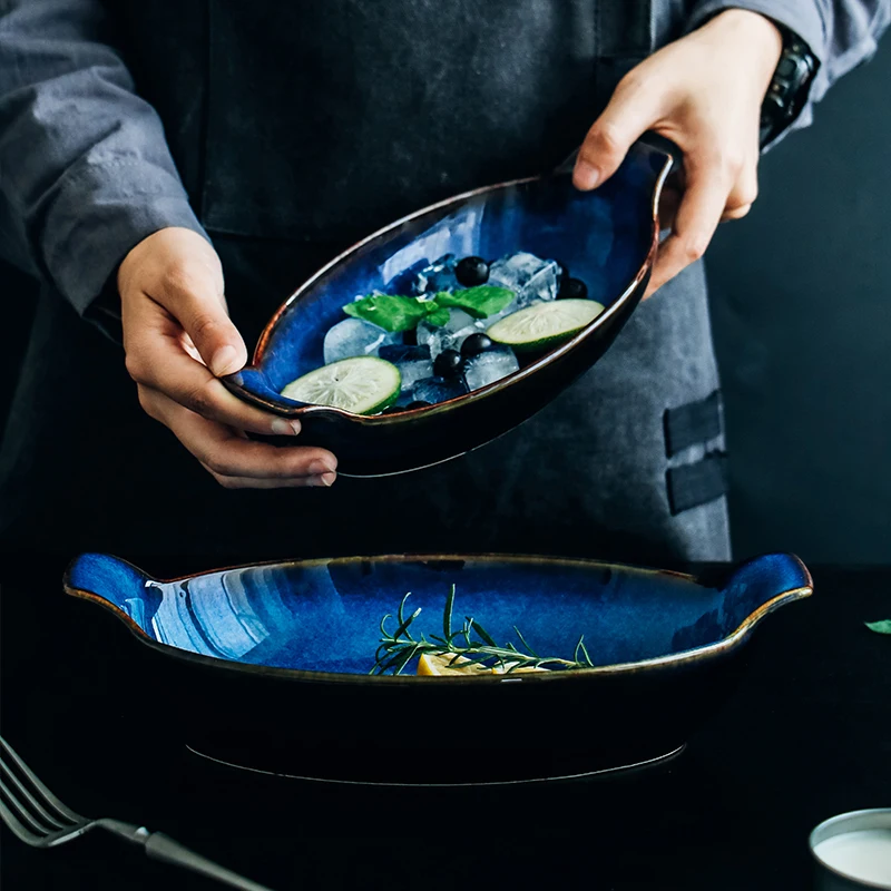 KINGLANG Klin-plato azul en forma de barco, cuenco de pescado largo de cerámica para hornear, cuenco de queso, plato