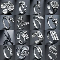 retro silvery opening adjustable size punk finger rings for men women animal smile face letters ring jewelry birthday gift