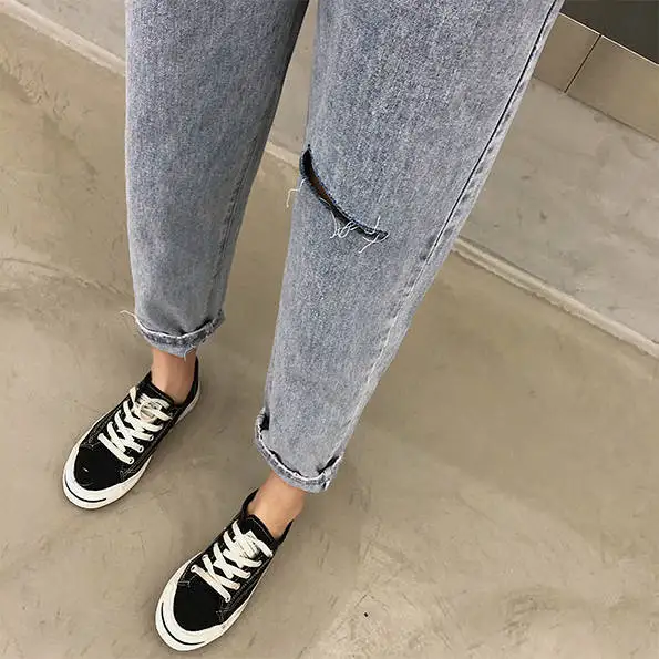 

Beggar's ripped jeans women's loose nine-point high waist slim student pants straight wide-leg pants