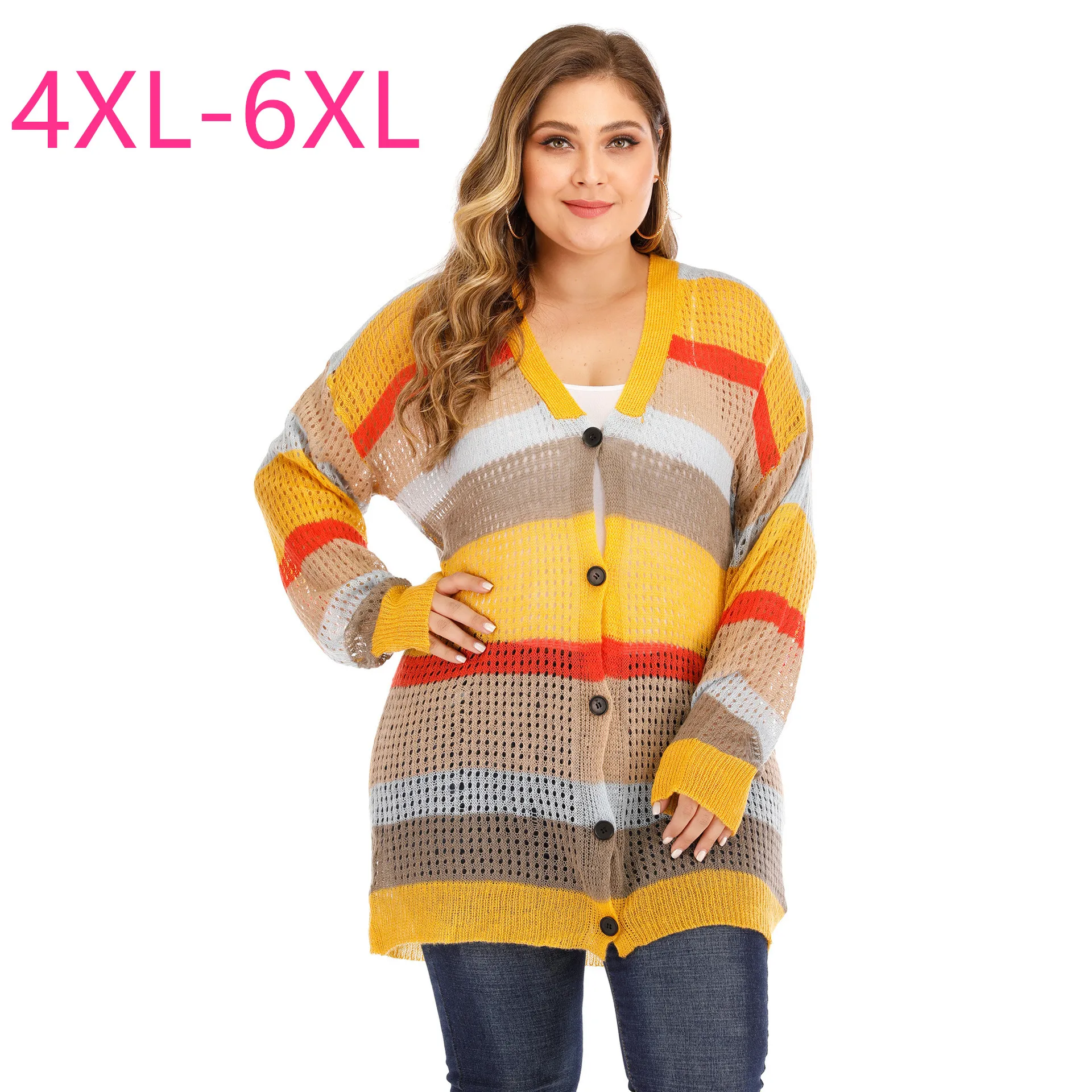 Женский Длинный свитер большого размера плюс тонкий вязаный кардиган свободного