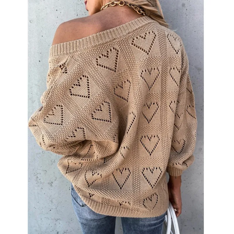 

White/pink/khaki Long Sleeve Pullovers Women Sweaters Vintage Sweet Heart V Neck 2020 Autumn Warm Knitted Casual Tops