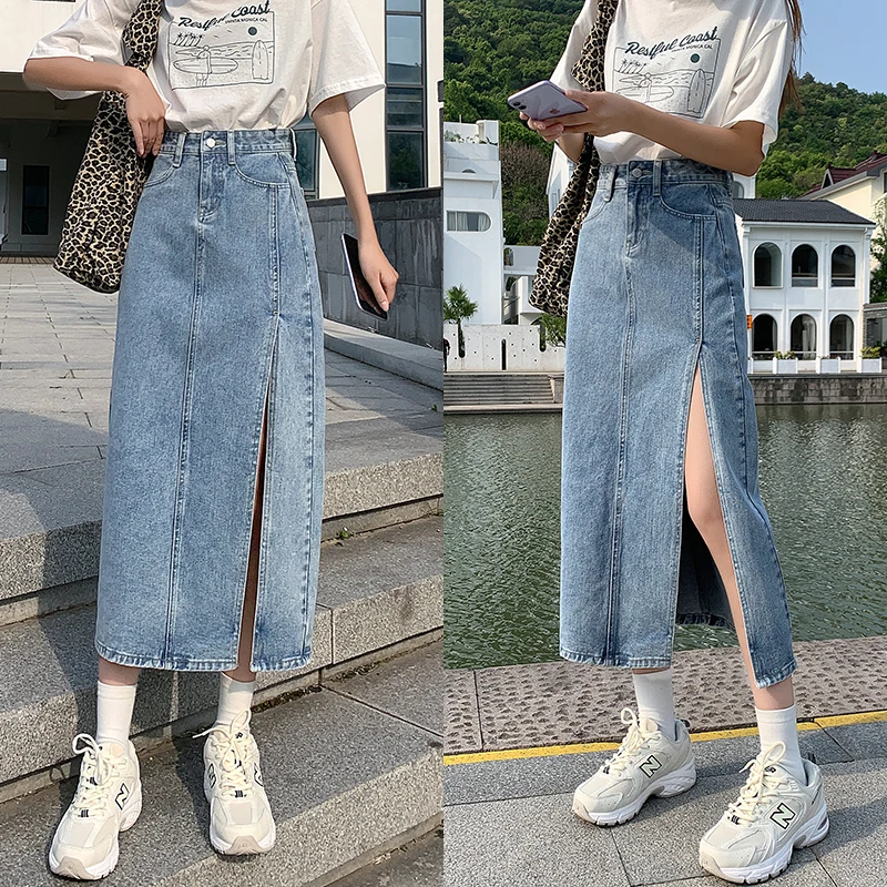 

Varofi Denim Split Halfskirt Women Summer Thin High Waist 2021 New A-line Medium Long Denim Skirt