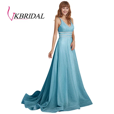 Синий VKbridal сексуальное вечернее платье с v-образным вечернее платье ТРАПЕЦИЕВИДНОЕ Сверкающее платье для выпускного вечера Длинные вечерние платья со стразами реальное изображение - Цвет: Синий