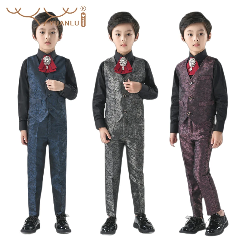 Spring Fall 4Pcs Suits for Boys for Host High Quality Vest Shirts Pants Bow Tie Children's Clothing for Boy Wedding Party
