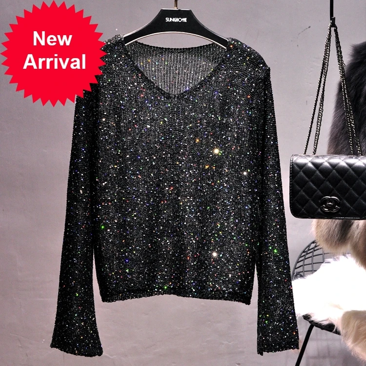 

Блестящий тонкий свитер Bingbing с вырезами, рубашка, женский топ с V-образным вырезом и рукавом-колоколом, женская одежда, весенние пуловеры, бл...