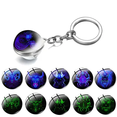 

Fashion Double Side 12 Constellation Keychain Cabochon Glass Ball Keychain Zodiac Signs Jewelry For Men For Women Birthday Gift