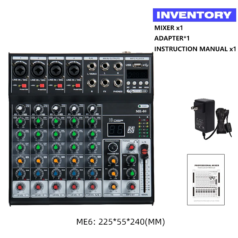 Professional Mixer ME6 6Channel Bluetooth DJ Mixing Console with Reverb Effect for Home Karaoke USB Live Stage | Электроника