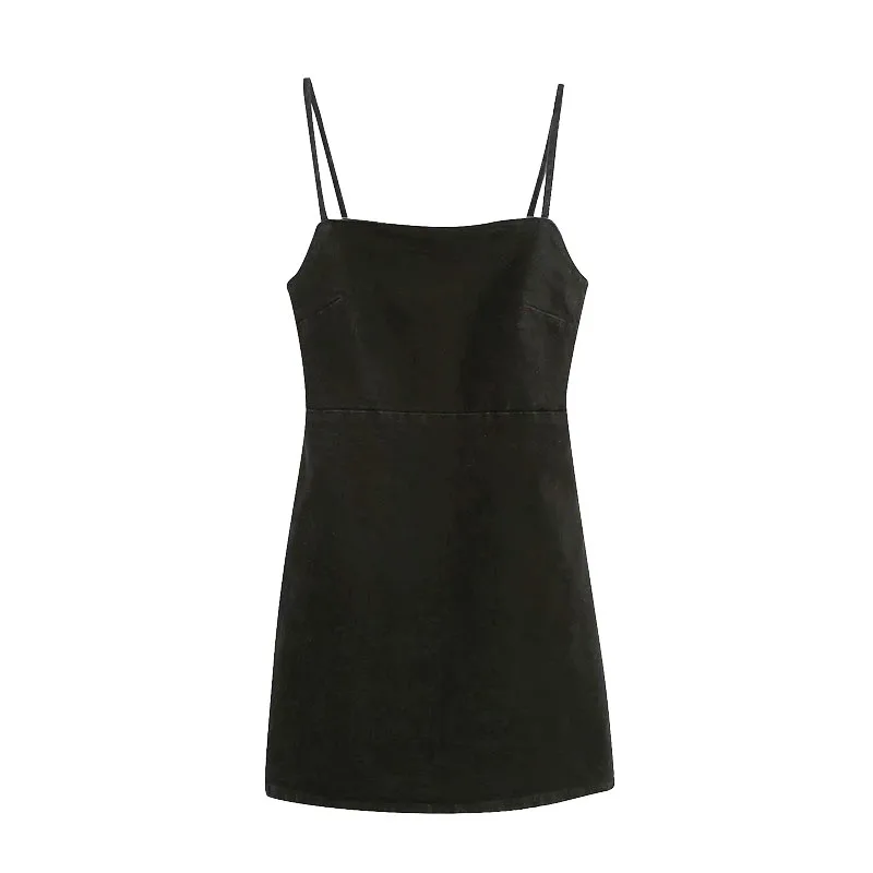 Женское джинсовое мини платье на бретельках повседневное винтажное с открытой