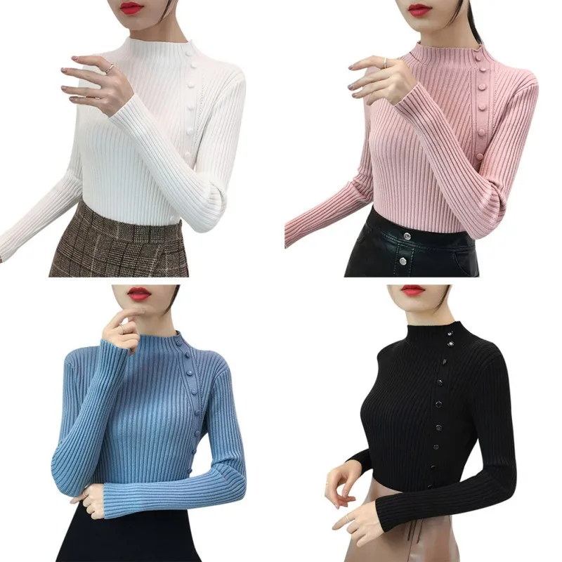 

Female Autumn Winter Fashion Button Casual Solid Knitwear Tops Women Knitted Sweater Ladies Turtleneck Sweaters and Pullovers