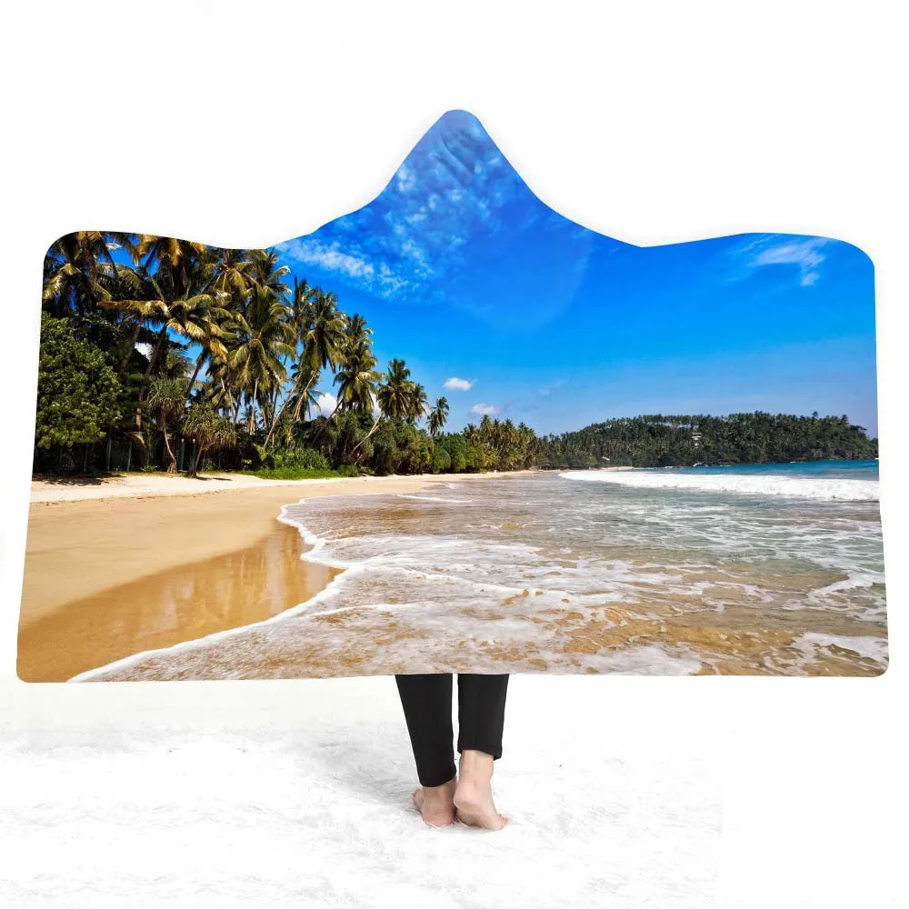 

3D Print Nature Scenery Hooded Blanket Sunset Sunrise Throw Blanket Seaside Wearable Blanket For Kids Adults Fleece Blanket