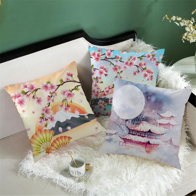 

Fuwatacchi Decorative Pillowcases Japanese Cherry Blossom Mount Fuji Print Throw Pillows Cover for Sofa Chair Car Cushion Covers