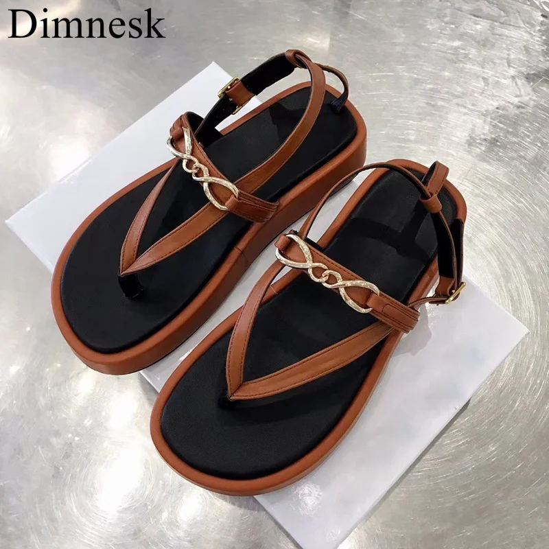 

Summer Flat Platform Sandals Women Genuine Leather Metal Chain Decor Thick Sole Split Toe Shoes Comfort Vacation Sandals Female