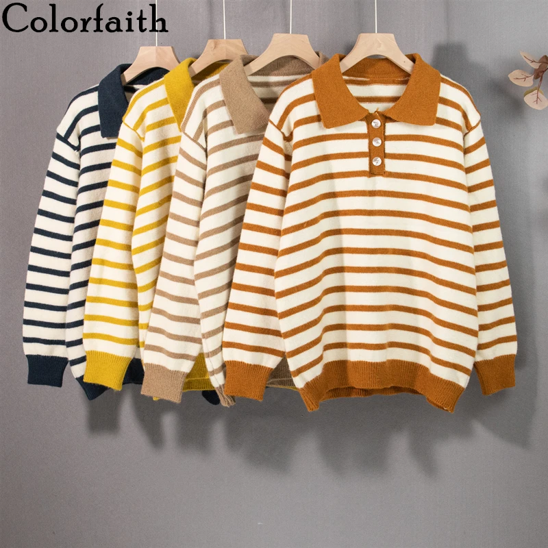 

Colorfaith, новинка 2021, женские свитера на осень и зиму, вязаные, элегантные, в полоску, в стиле ретро, модные, большие пуловеры, женские топы SW3063JX